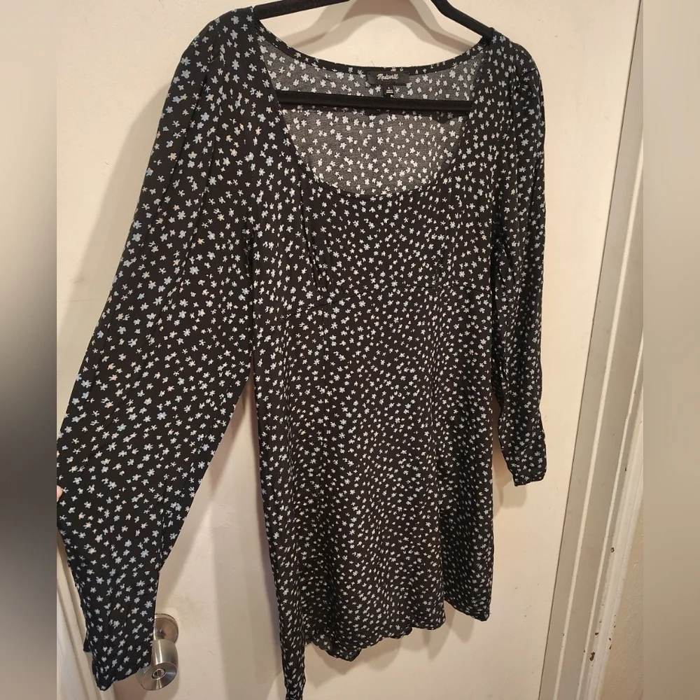 Madewell Women's Black Ditsy Floral Seamed Mini Dress 6 Square Neck Retro Party